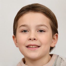 Joyful white child female with short  brown hair and brown eyes