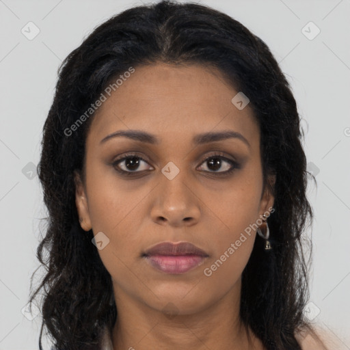 Neutral black young-adult female with long  brown hair and brown eyes