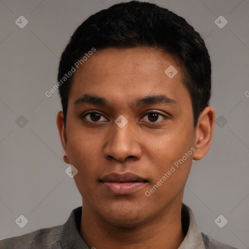 Neutral latino young-adult male with short  black hair and brown eyes