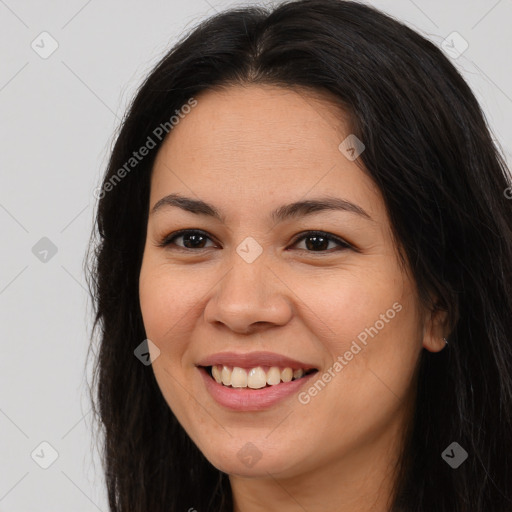 Joyful asian young-adult female with long  brown hair and brown eyes