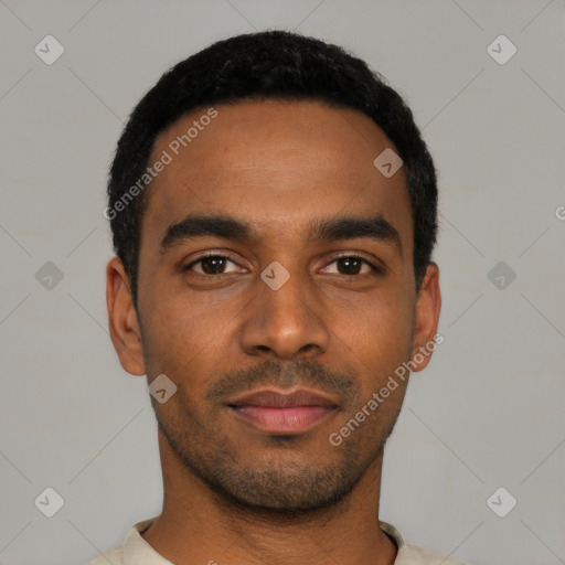 Neutral black young-adult male with short  black hair and brown eyes