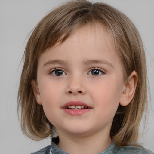 Joyful white child female with medium  brown hair and brown eyes