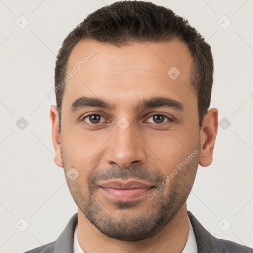 Joyful white young-adult male with short  brown hair and brown eyes