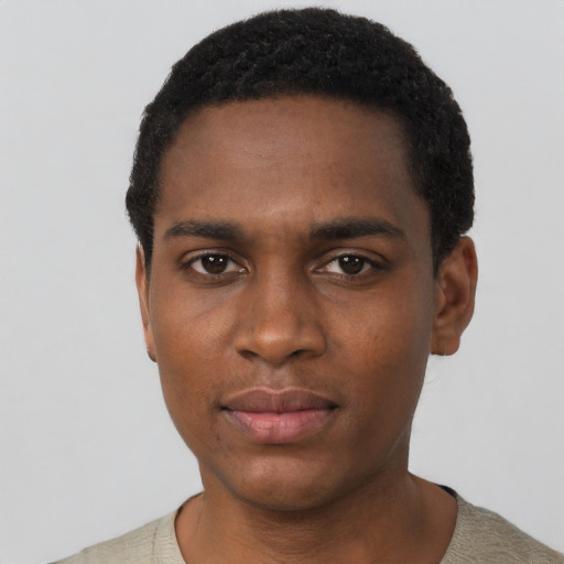 Neutral black young-adult male with short  black hair and brown eyes