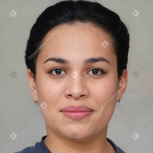 Joyful asian young-adult female with short  brown hair and brown eyes