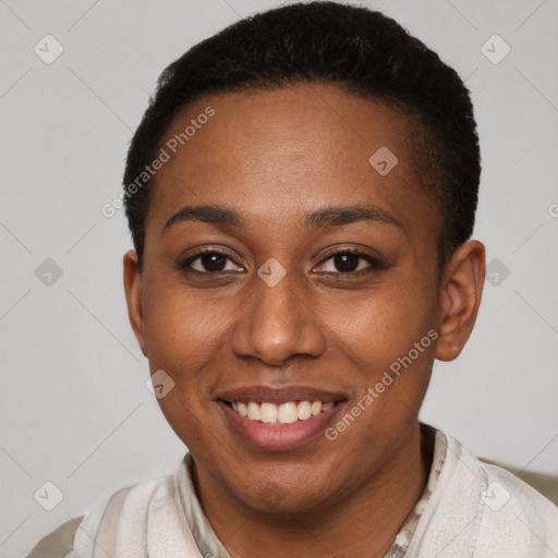 Joyful black young-adult female with short  brown hair and brown eyes