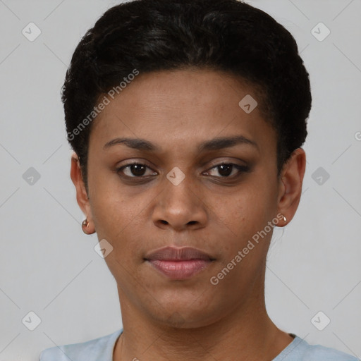 Neutral black young-adult female with short  black hair and brown eyes