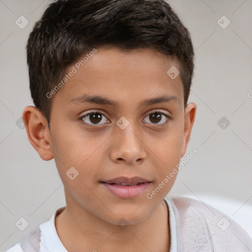 Joyful white child male with short  brown hair and brown eyes