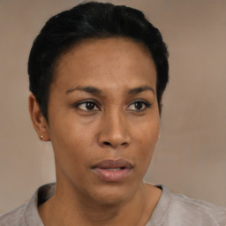 Neutral black young-adult female with short  black hair and brown eyes