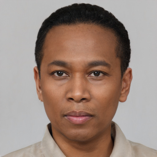 Neutral black young-adult male with short  black hair and brown eyes