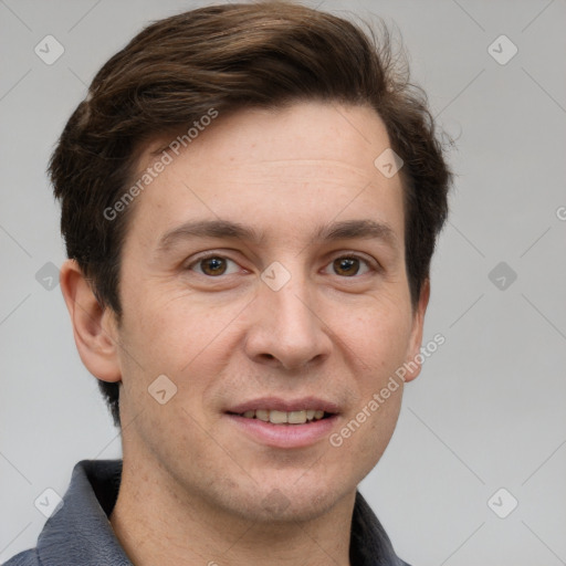 Joyful white adult male with short  brown hair and grey eyes