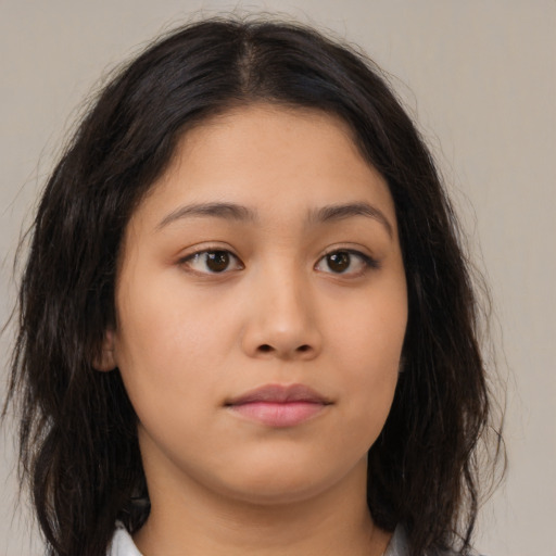 Neutral asian young-adult female with long  brown hair and brown eyes