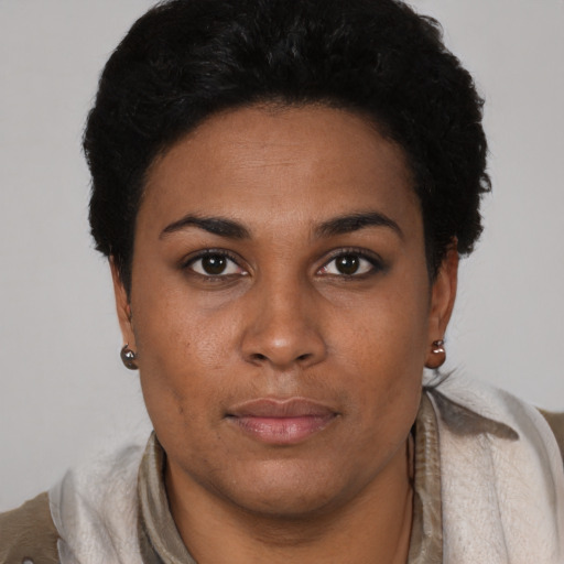 Neutral black young-adult female with short  brown hair and brown eyes