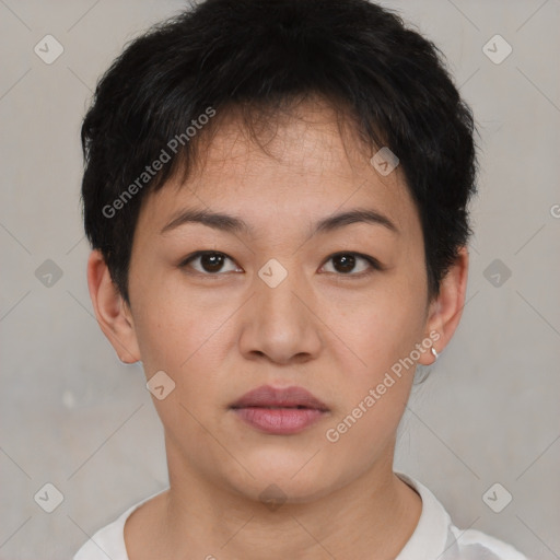 Neutral asian young-adult female with short  black hair and brown eyes