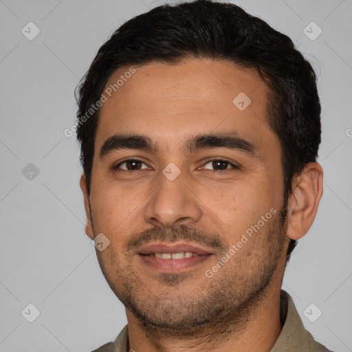 Joyful white young-adult male with short  black hair and brown eyes