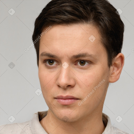 Neutral white young-adult male with short  brown hair and brown eyes