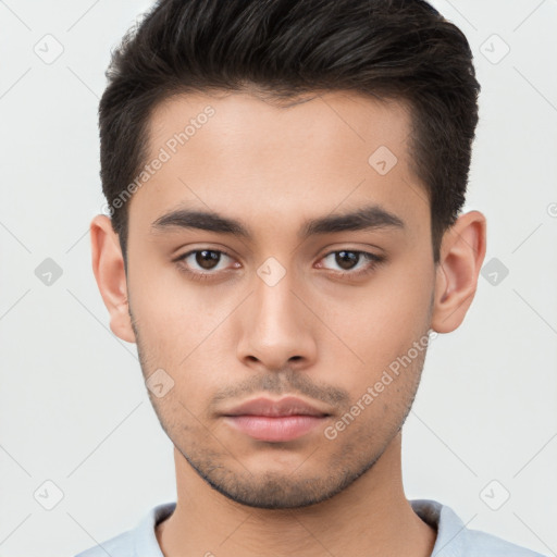 Neutral white young-adult male with short  brown hair and brown eyes