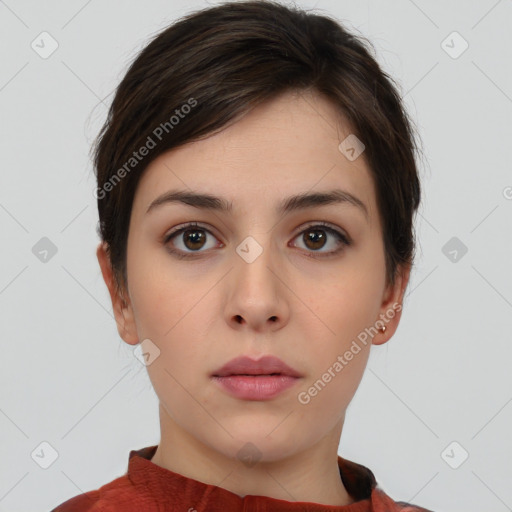 Neutral white young-adult female with short  brown hair and brown eyes