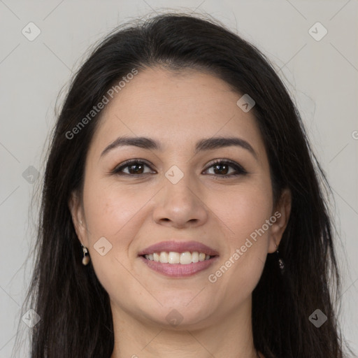 Joyful white young-adult female with long  brown hair and brown eyes