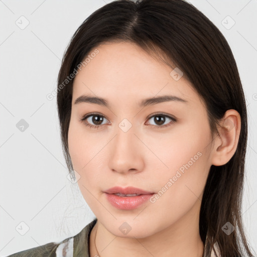 Neutral white young-adult female with medium  brown hair and brown eyes