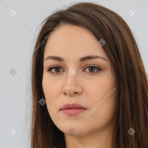 Neutral white young-adult female with long  brown hair and brown eyes