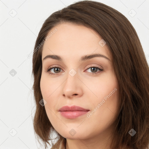 Neutral white young-adult female with long  brown hair and brown eyes