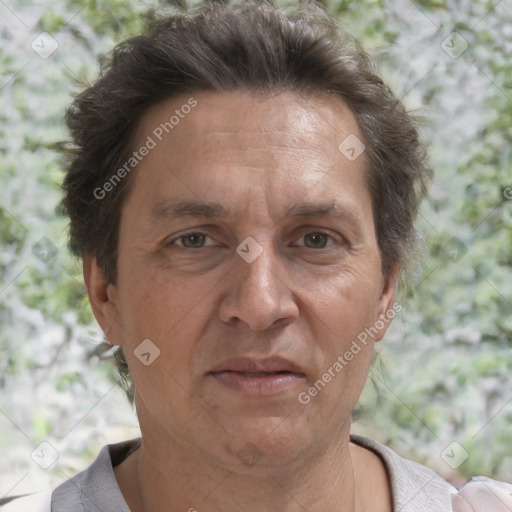 Joyful white middle-aged male with short  brown hair and brown eyes