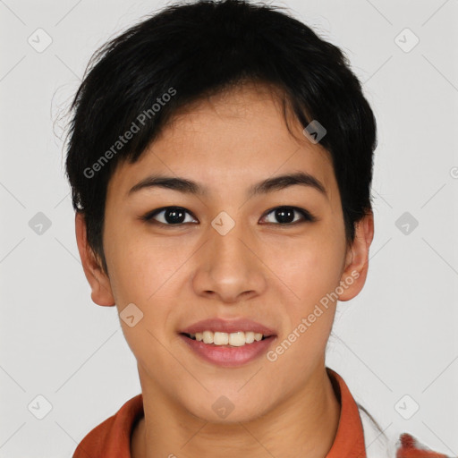 Joyful asian young-adult female with short  brown hair and brown eyes