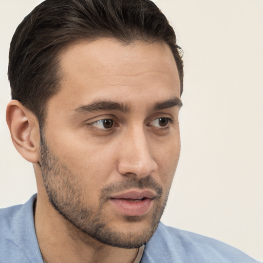 Neutral white young-adult male with short  brown hair and brown eyes