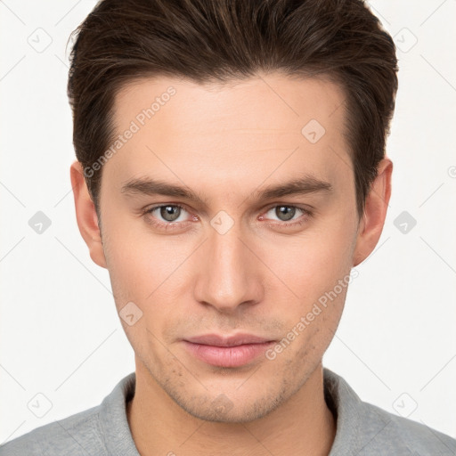 Neutral white young-adult male with short  brown hair and brown eyes