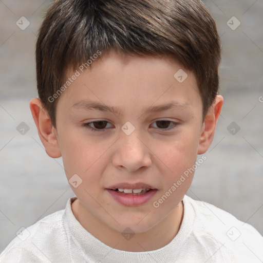 Joyful white child male with short  brown hair and brown eyes