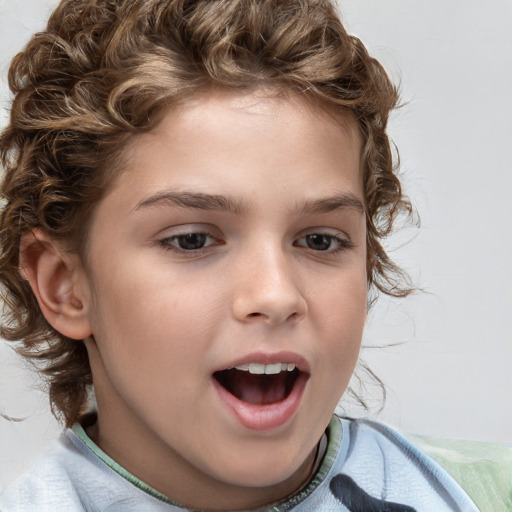 Joyful white child female with short  brown hair and brown eyes