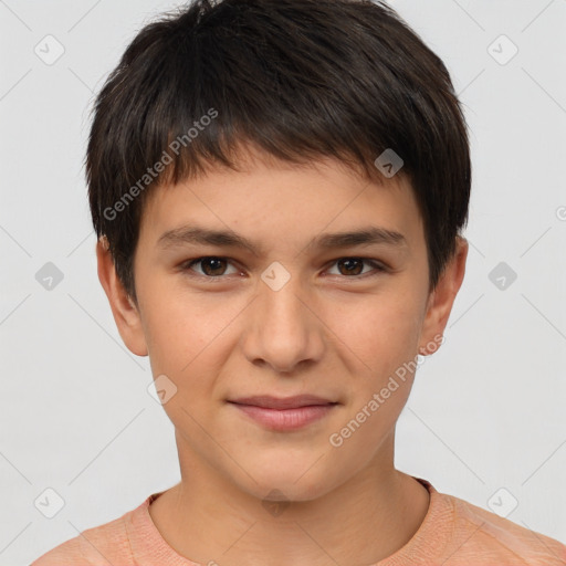 Joyful white child male with short  brown hair and brown eyes