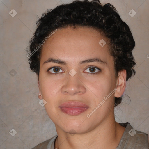 Joyful latino young-adult female with short  brown hair and brown eyes