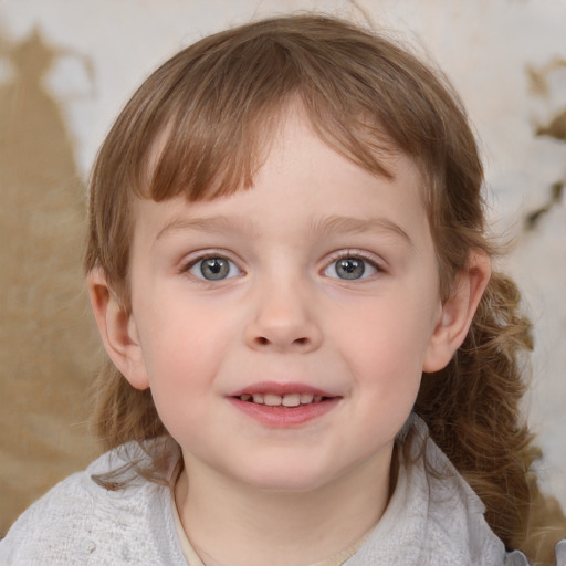 Joyful white child female with medium  brown hair and blue eyes