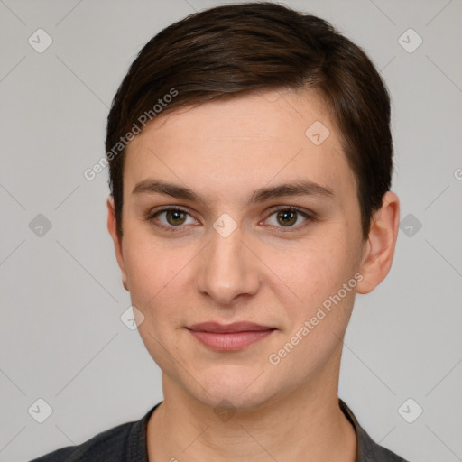 Joyful white young-adult female with short  brown hair and grey eyes