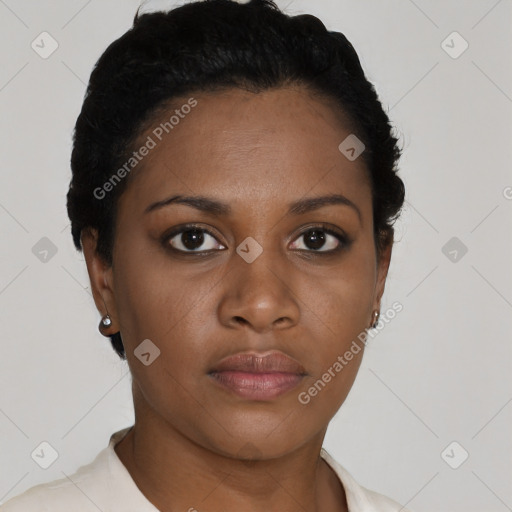 Neutral latino young-adult female with short  black hair and brown eyes