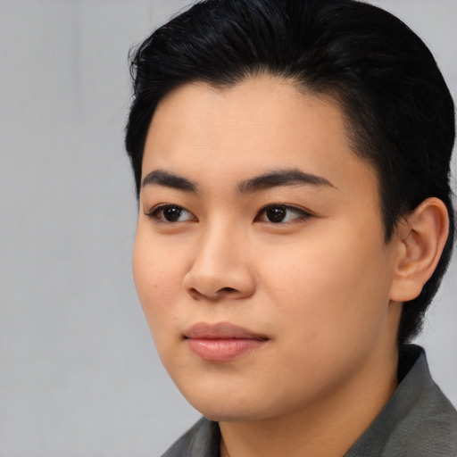 Neutral asian young-adult female with medium  black hair and brown eyes