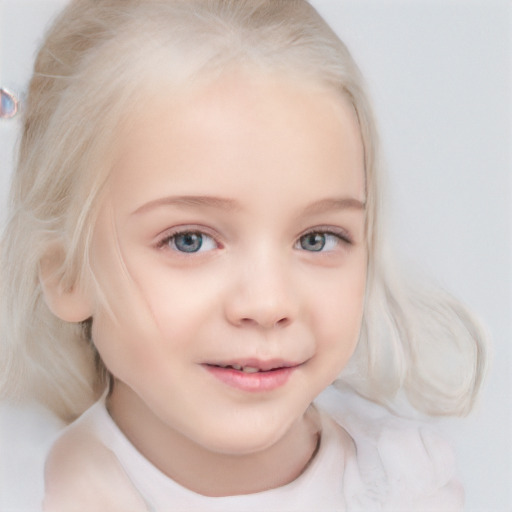 Joyful white child female with medium  blond hair and blue eyes