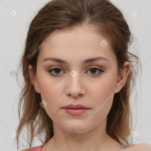 Neutral white young-adult female with medium  brown hair and grey eyes