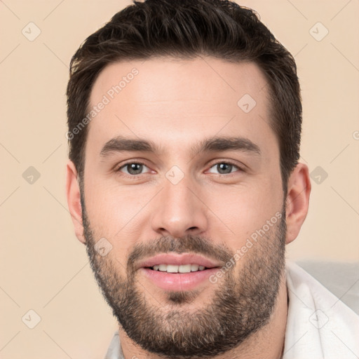 Joyful white young-adult male with short  brown hair and brown eyes