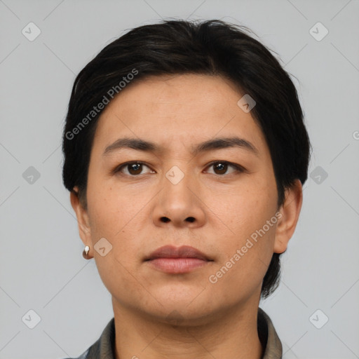 Neutral asian young-adult male with short  black hair and brown eyes