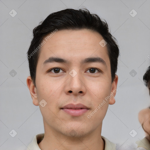 Neutral asian young-adult male with short  brown hair and brown eyes