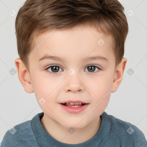 Joyful white child male with short  brown hair and brown eyes