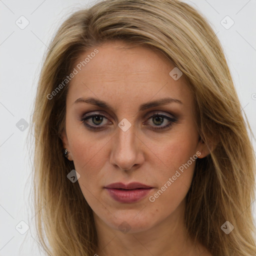 Joyful white young-adult female with long  brown hair and green eyes