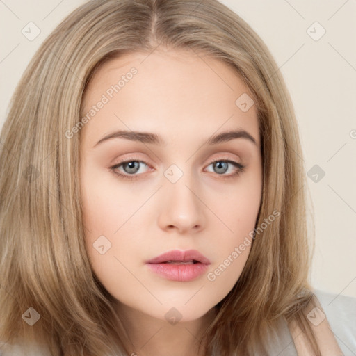 Neutral white young-adult female with long  brown hair and brown eyes