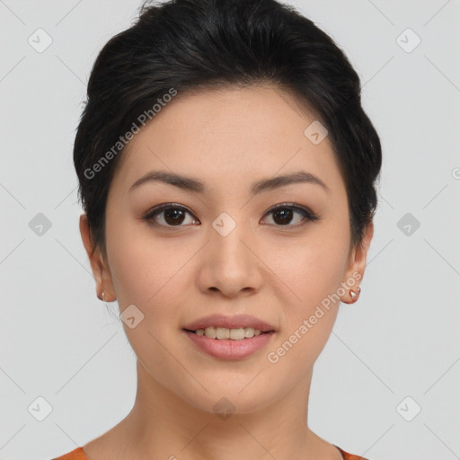 Joyful asian young-adult female with short  brown hair and brown eyes