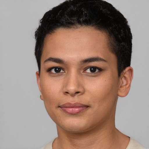 Neutral latino young-adult female with short  black hair and brown eyes