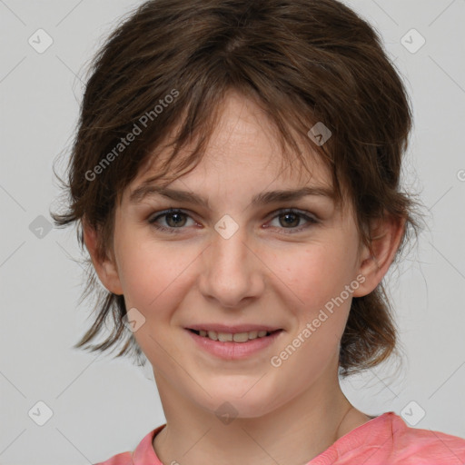 Joyful white young-adult female with medium  brown hair and brown eyes