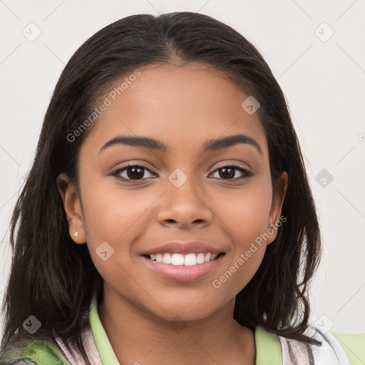 Joyful latino young-adult female with medium  brown hair and brown eyes